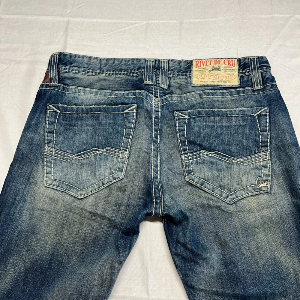 Rivet De Cru Andrew Mens wide leg Blue Jeans Thick Stitch 36x34 Faded